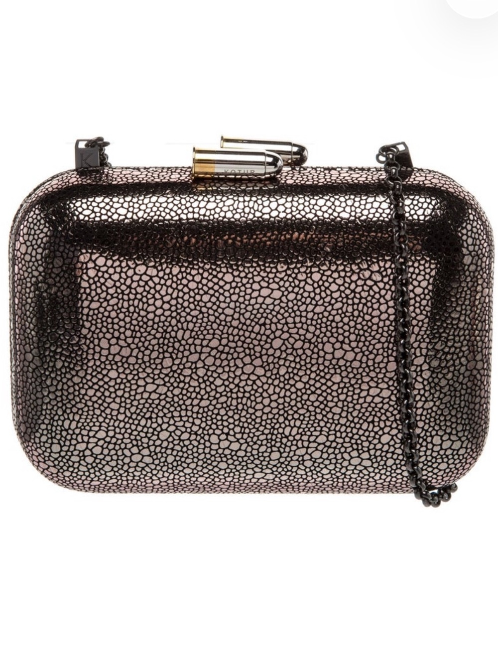 Metallic Rose Gold Pebbled Hard-Case Clutch with Chain